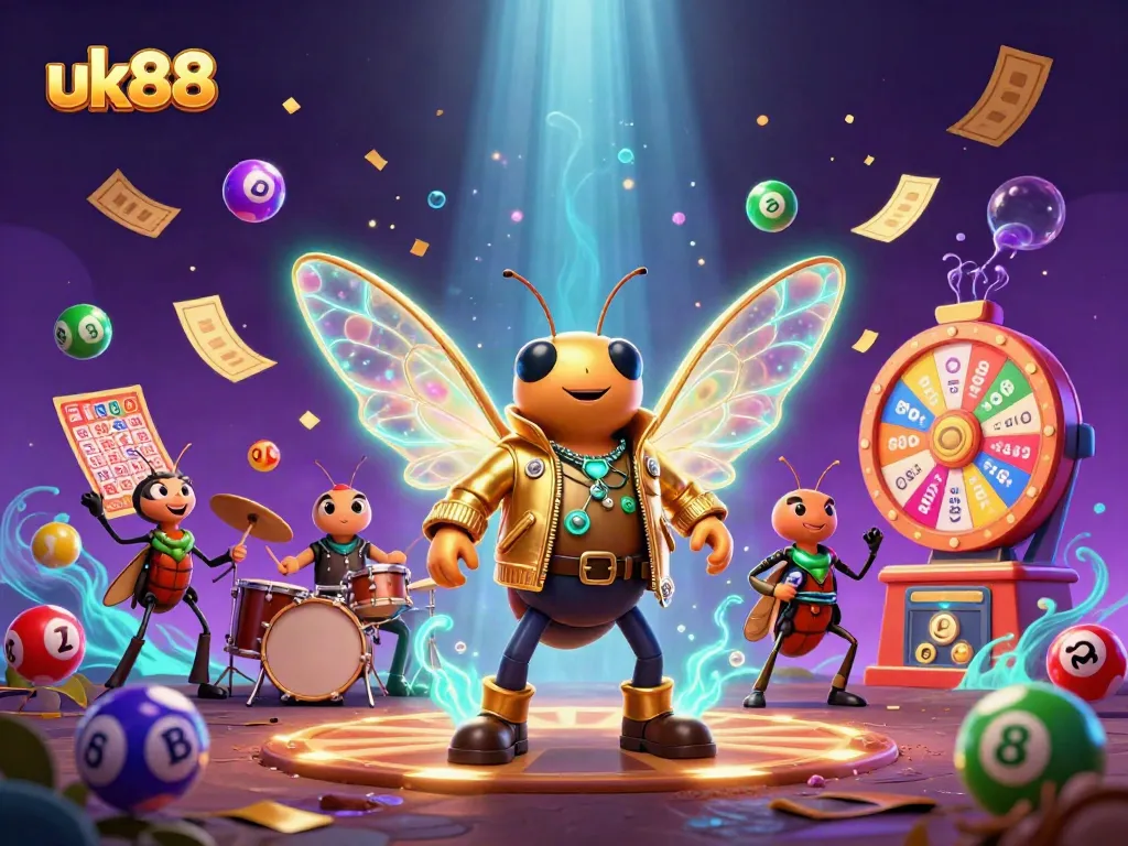 uk88 engages players with vibrant lottery games featuring a rock star, drummer, and colorful dynamics.