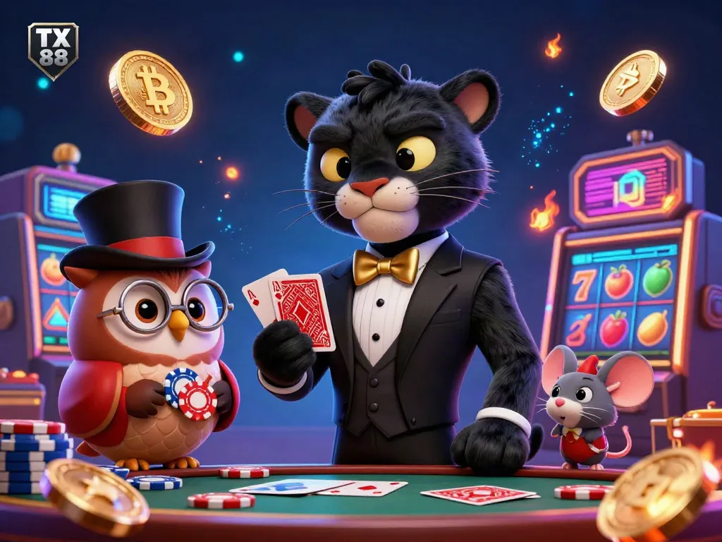 Engage with TX 88 at the casino featuring a stylish black panther dealing cards amidst vibrant 3D elements.