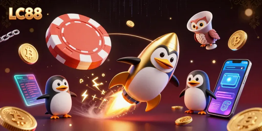 Join the fun at LC88 with a golden penguin racing to a vibrant casino station in space!