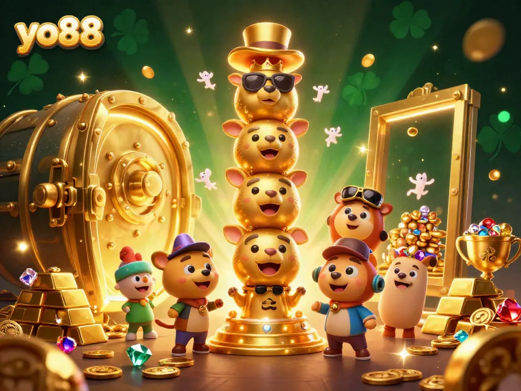 Engage in thrilling games at yo88 with a vibrant scene of a golden totem and casino treasures.