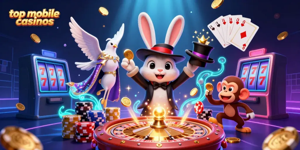 Experience the magic of top mobile casinos with vibrant characters and dazzling casino elements.
