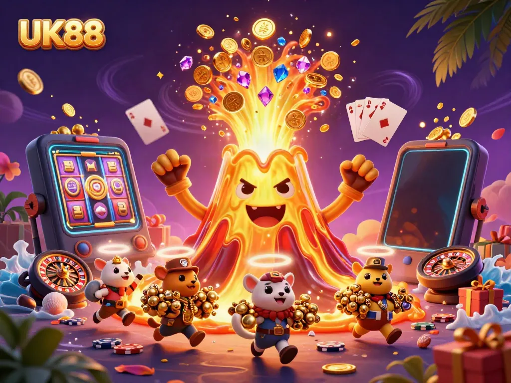Experience the thrill of UK88 with a golden volcano erupting treasures and dynamic gaming elements.
