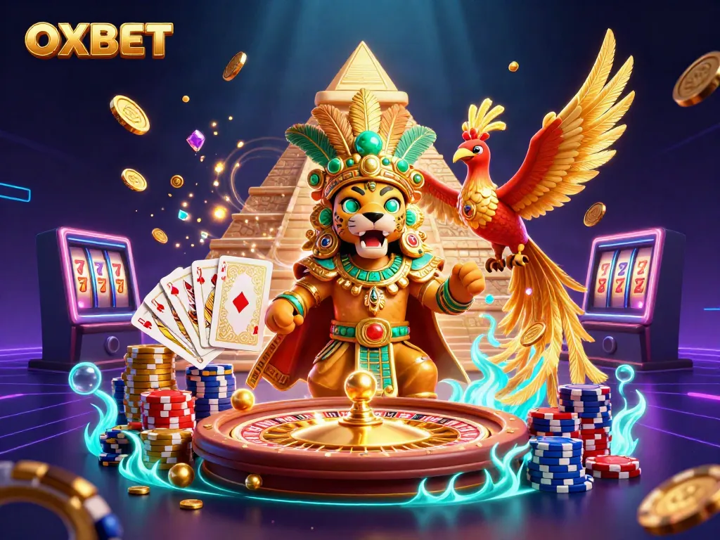 Experience the thrill of OXBET with a mesmerizing 3D illustration showcasing casino excitement and vibrant gameplay.