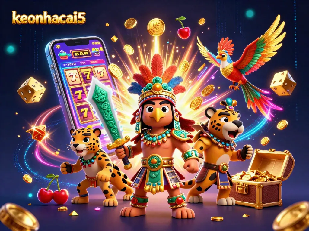 Win big with keonhacai5 in this vibrant illustration showcasing a casino-inspired theme.