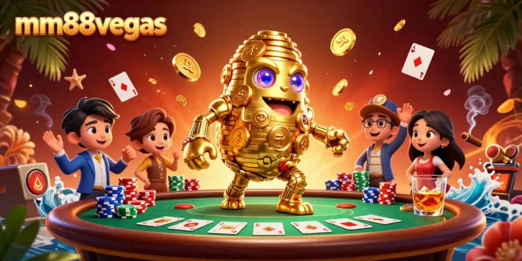 Experience thrilling gameplay at mm88vegas with a captivating golden golem and vibrant poker table.