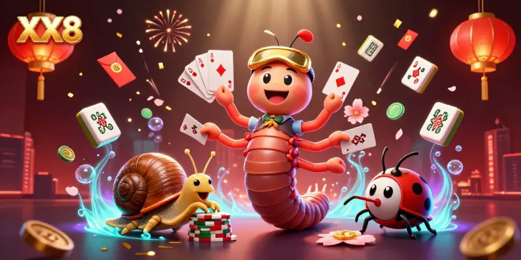 Experience the excitement of gaming with the vibrant XX8 casino scene featuring a lively millipede dealer and rich game elements.