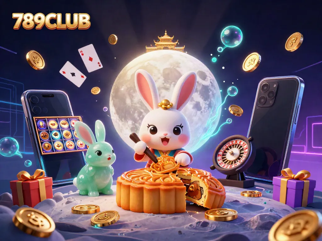 Engage with 789CLUB's captivating lunar-themed casino adventure featuring poker chips and game elements.