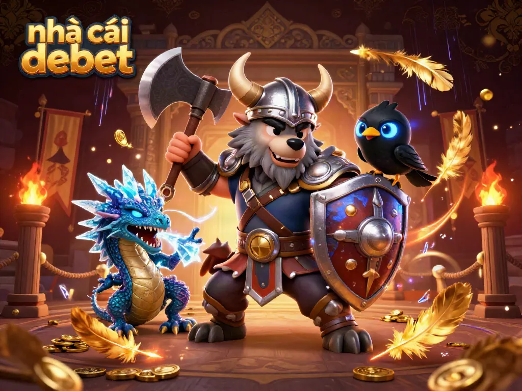Experience thrilling action at nhà cái debet with a Viking wolf warrior and dragon in an energetic casino scene.