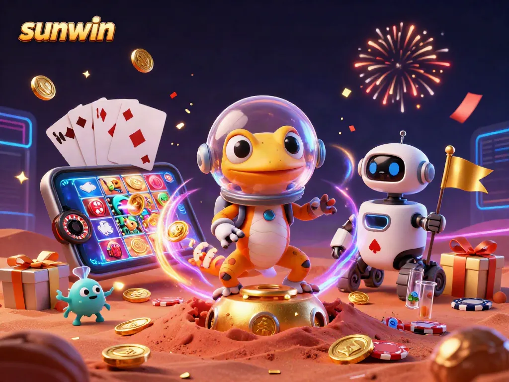 Spin to win with sunwin at an alien casino featuring a Martian gecko and treasures.