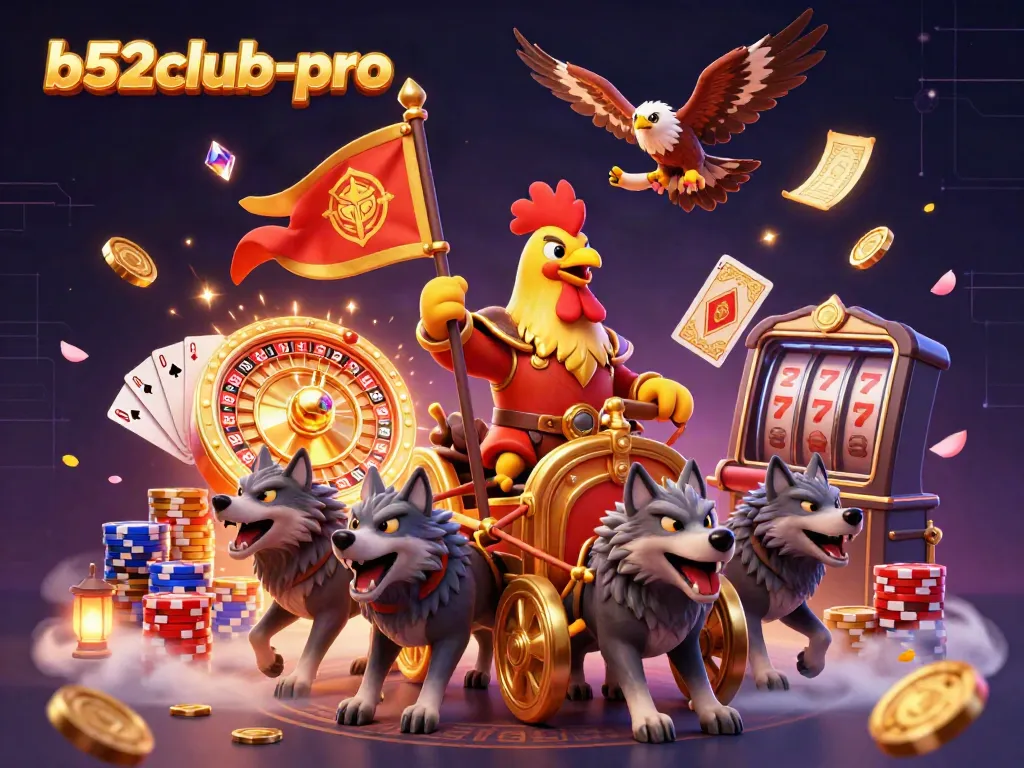 Win big at b52club-pro with vibrant casino-themed illustration featuring a rooster warlord and golden coins.