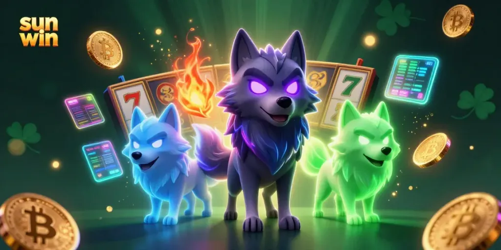 Experience exhilarating gameplay with sun win, highlighted by vibrant slot reels and glowing crypto elements.