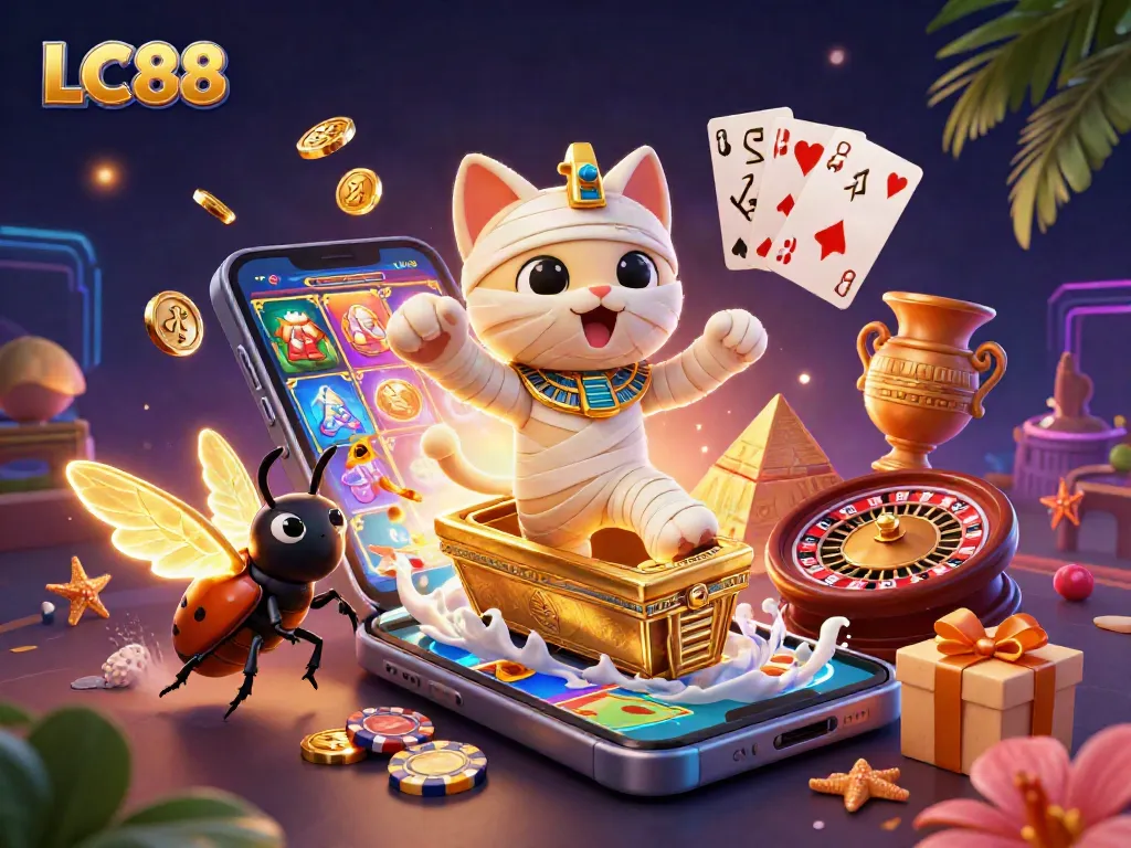 Experience thrilling wins at LC88 with Egyptian themed 3D gaming elements in a vibrant casino.