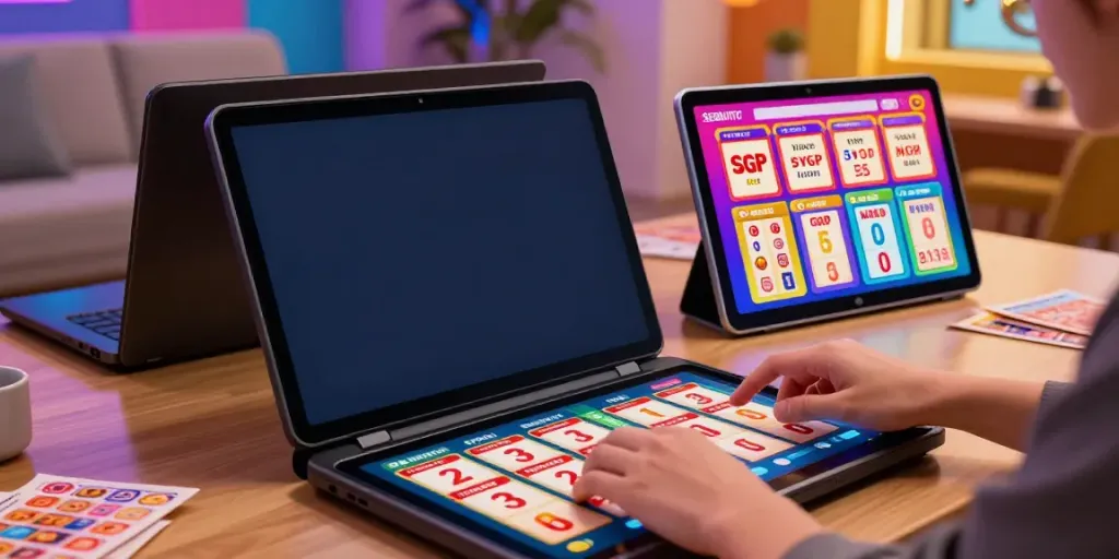 Antarmuka pengguna SERIBUTOTO dengan opsi togel Hongkong, Sydney, SGP, dan Macau di smartphone, menciptakan suasana perjudian digital yang modern.