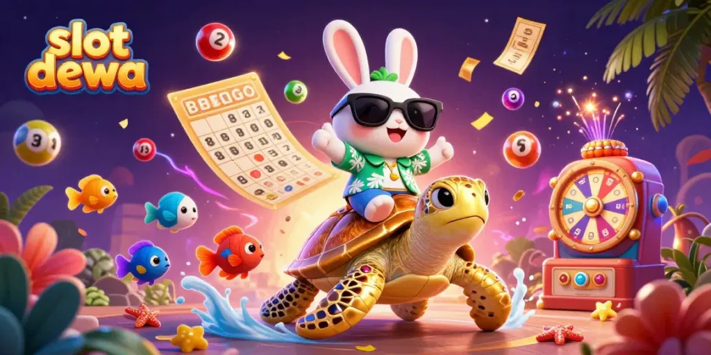 Engage with slot dewa excitement, featuring playful rabbit on a golden turtle among vibrant game elements.