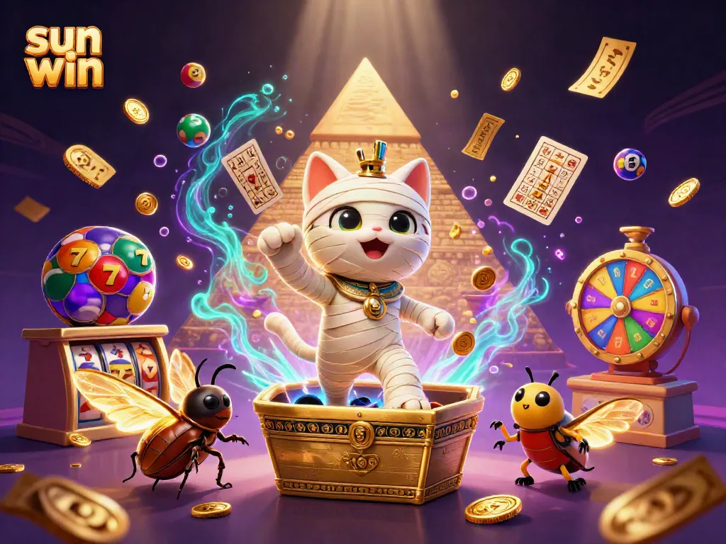 Engage in thrilling gameplay with sun win, featuring a mummy cat and vibrant casino elements.