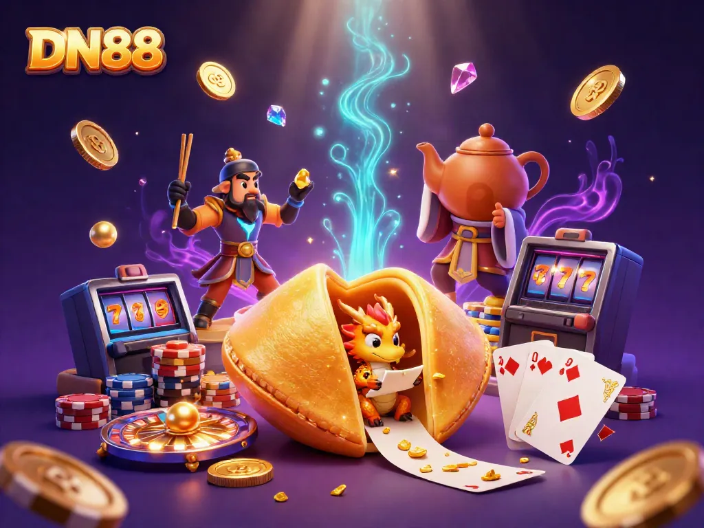 Experience the vibrancy of online gaming with DN88's dynamic casino scene, featuring gold coins and characters.