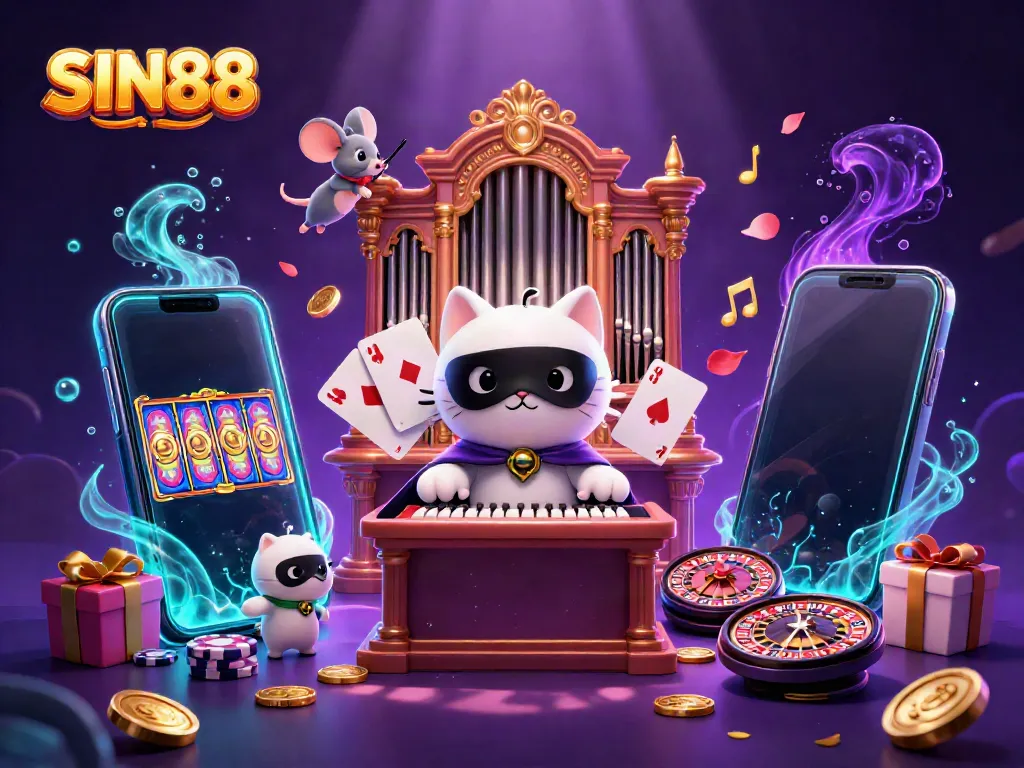 SIN88 captivates players with a colorful casino scene featuring vibrant characters and dynamic game elements