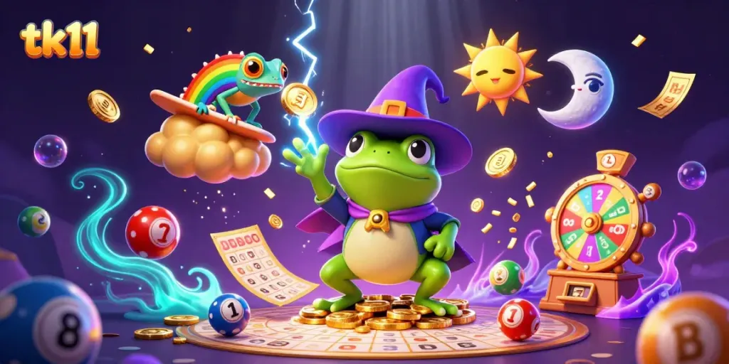 tk11 gaming scene with a weather wizard frog and chameleon amid colorful lottery elements and golden prizes