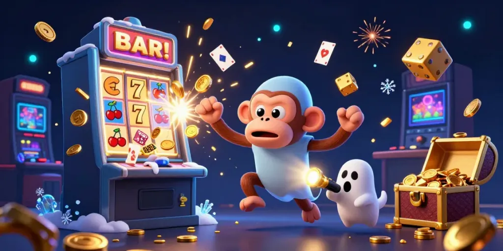 Engage in thrilling gameplay with 789clubb at a vibrant casino, featuring a mischievous monkey and a curious puppy.