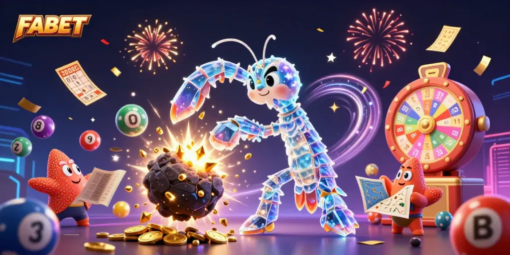 Experience thrilling winnings at FABET with a vibrant scene of a galactic samurai and starfish surrounded by golden gems and lottery balls.