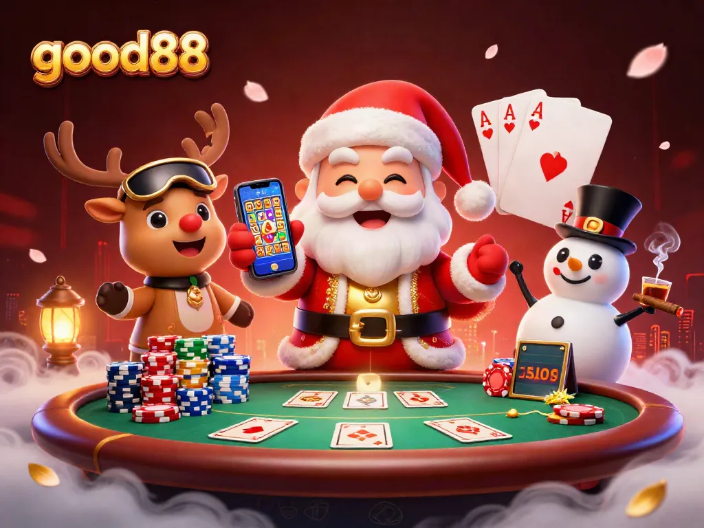 Engage with the lively scene at good88 where Santa and friends celebrate jackpots with poker, dynamic gaming elements, and festive decorations.