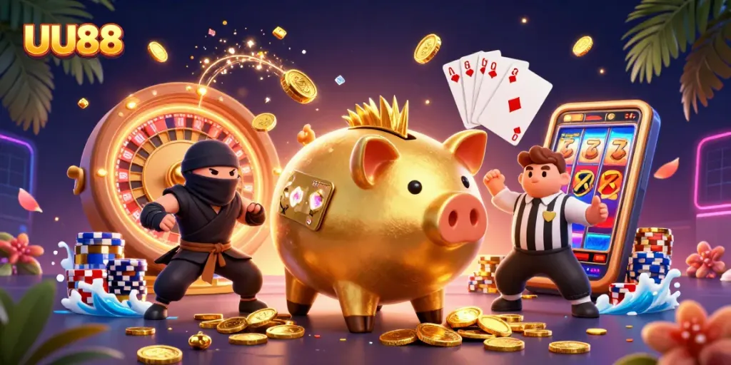Experience the excitement of UU88 with dynamic 3D casino characters amid flying coins and energetic gambling elements.