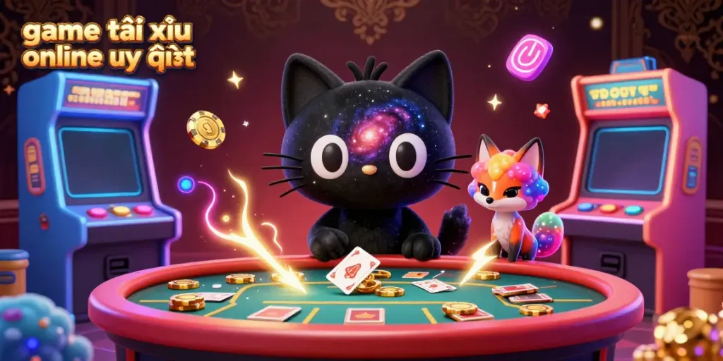 Engage with game tài xỉu online uy tín at a vibrant cosmic casino table with glowing arcade elements.