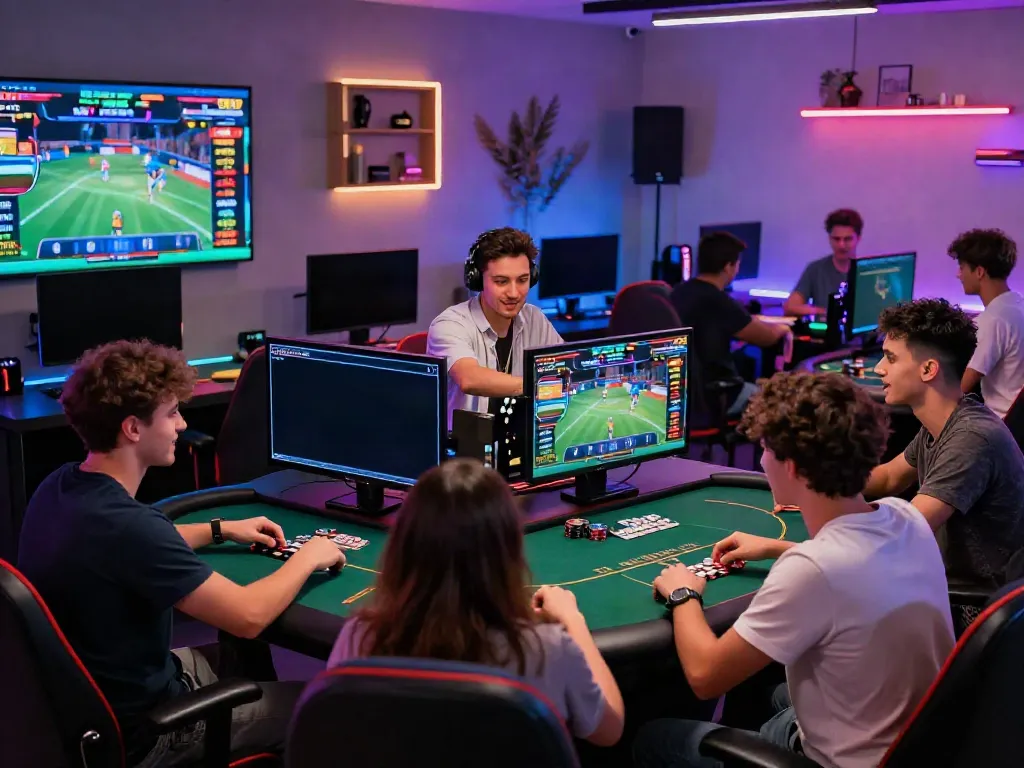 Engaging scene of friends enjoying live betting at nhà cái man88, showcasing a vibrant gaming atmosphere.