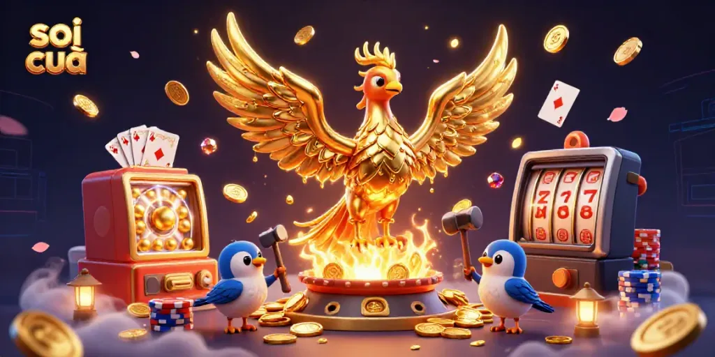 Soi cầu represents a vibrant lottery scene featuring a golden phoenix and gameplay elements like coins, cards, and a smartphone.