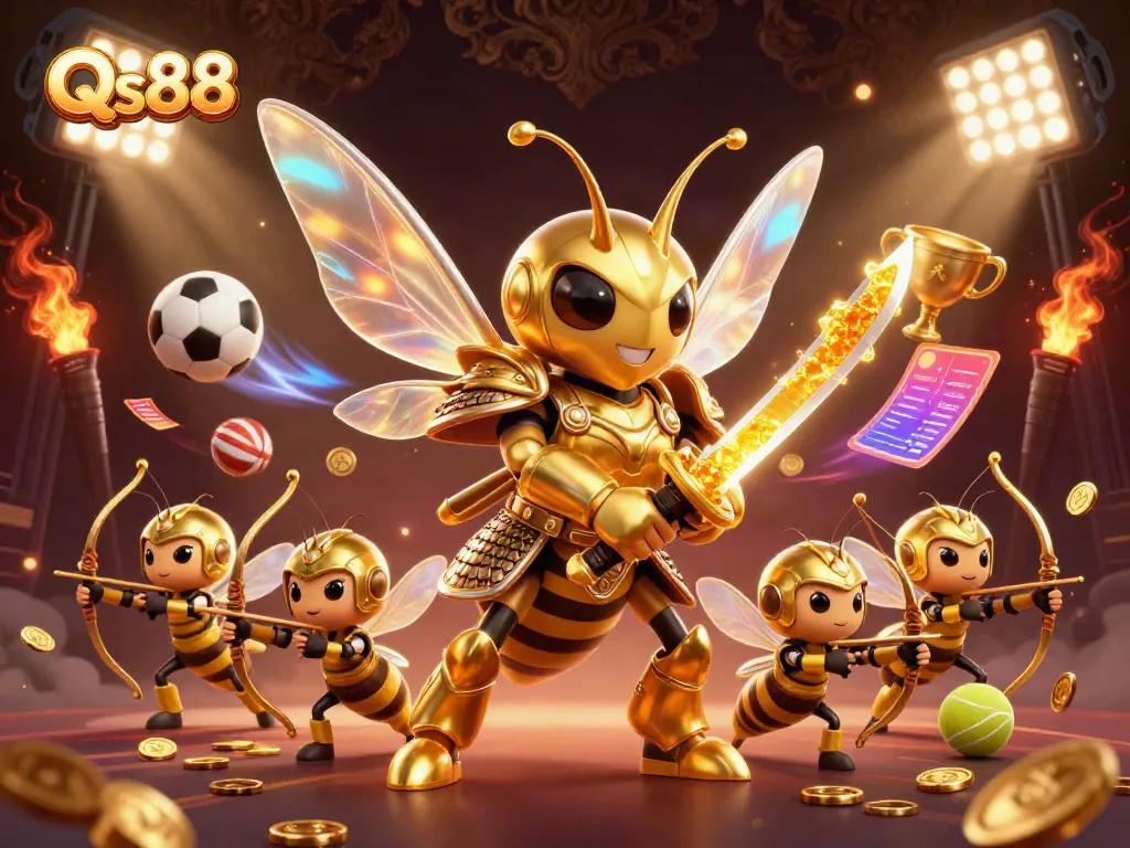 Engage in thrilling casino action with Qs88's vibrant 3D illustration showcasing dynamic sports elements and golden characters.