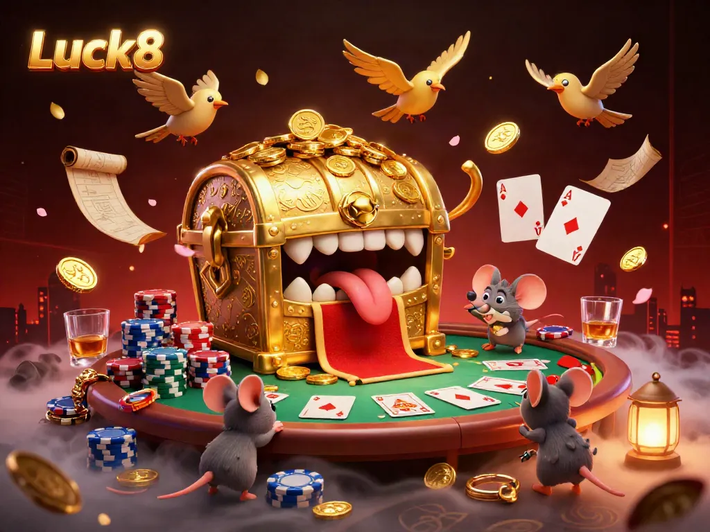 Engage with Luck8's gold-filled treasure chest and vibrant poker scene featuring dynamic gameplay elements and rich illustrations.