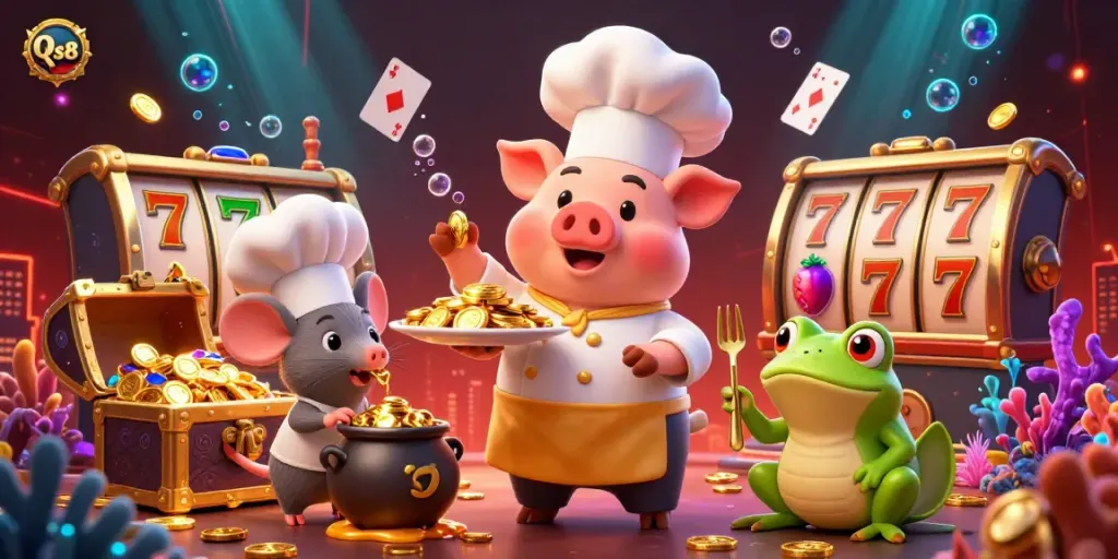 Experience the vibrant Qs88 casino world with a pig chef, gold coins, and colorful slot reels.
