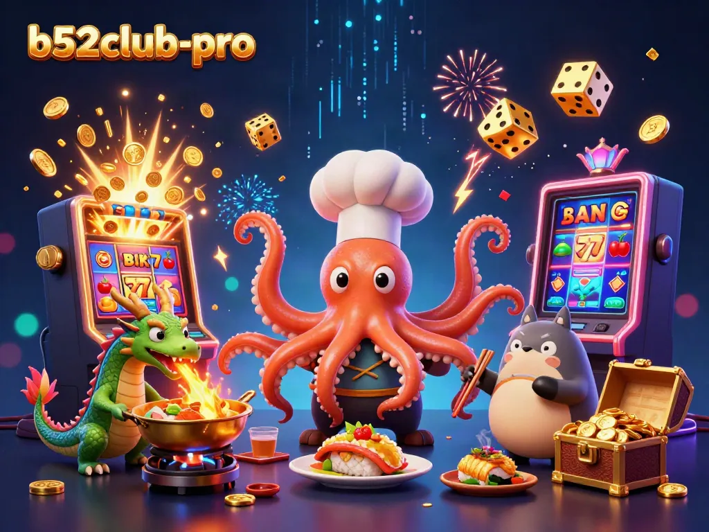 Engage with b52club-pro's thrilling casino fun featuring a vibrant octopus chef and dragon amidst jackpot excitement.
