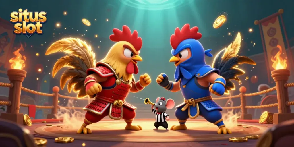 Engage in thrilling situs slot action with unique fighting rooster characters in vibrant, dynamic casino scene.