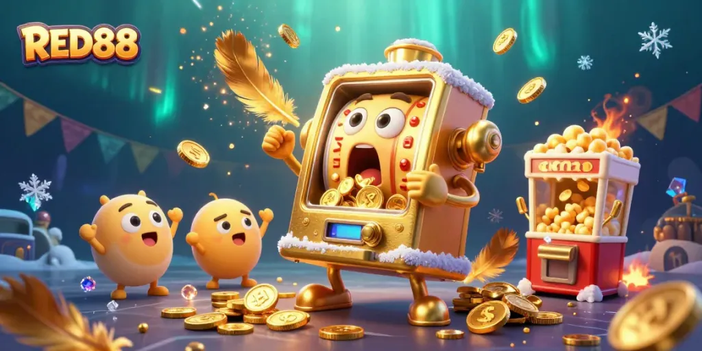 Experience the excitement of RED88 with a cartoon slot machine hitting a jackpot, surrounded by dazzling gambling elements.