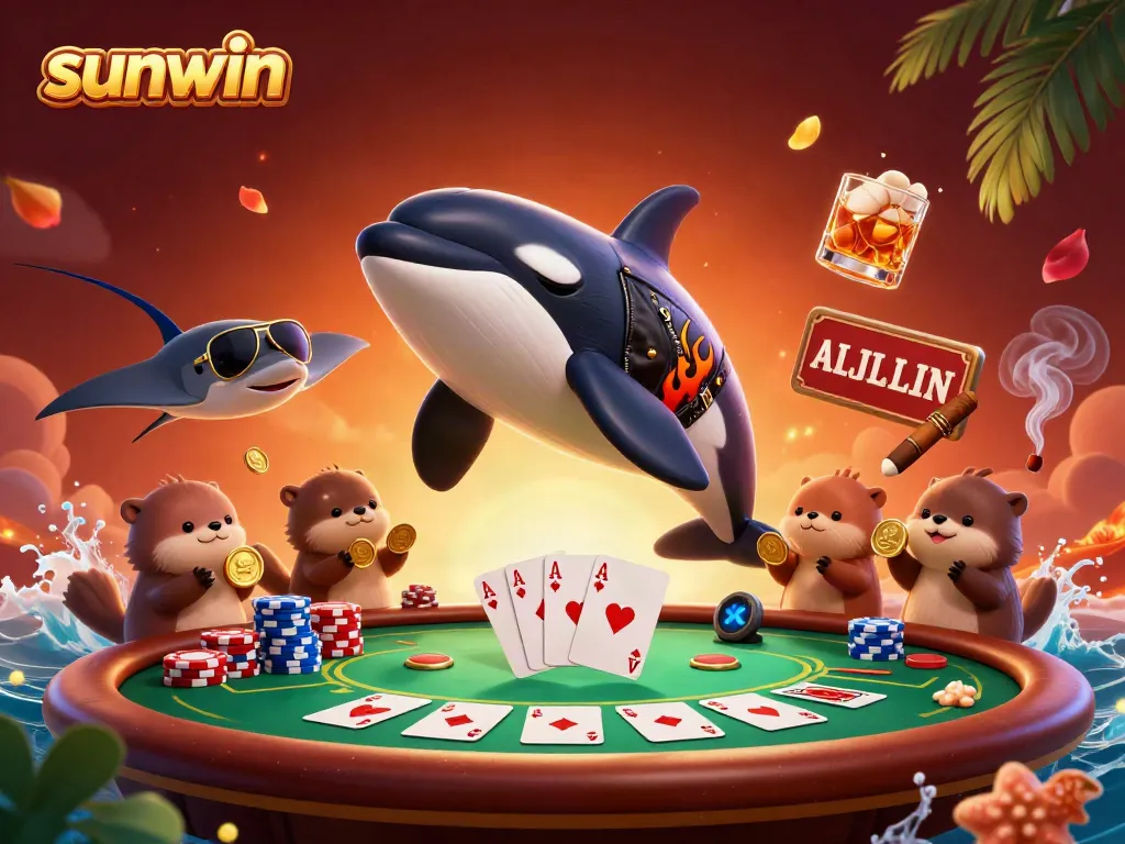 Join the excitement with sunwin as an orca, stingray, and otters enjoy a vibrant poker scene!