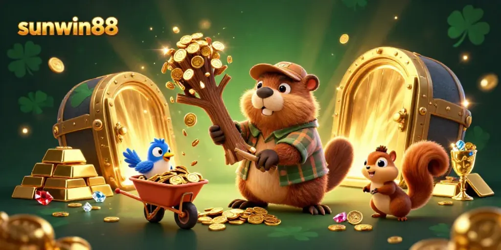 Engage with sunwin88 as a beaver collects golden coins in a lively casino scene.