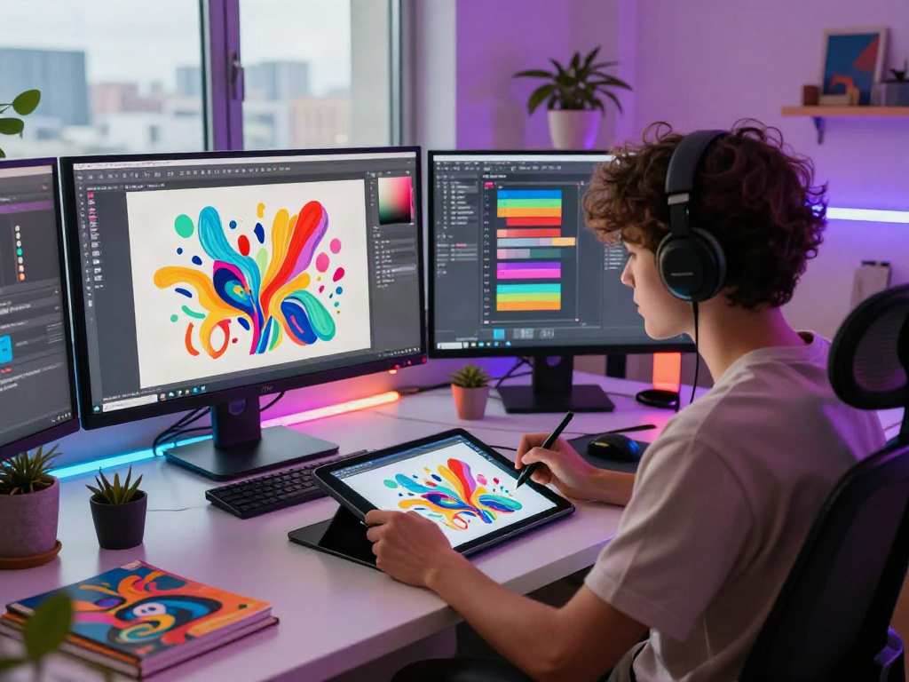 Youthful digital artist using AI tools to create vibrant artwork in a modern studio, showcasing ai 18+ creative technology.