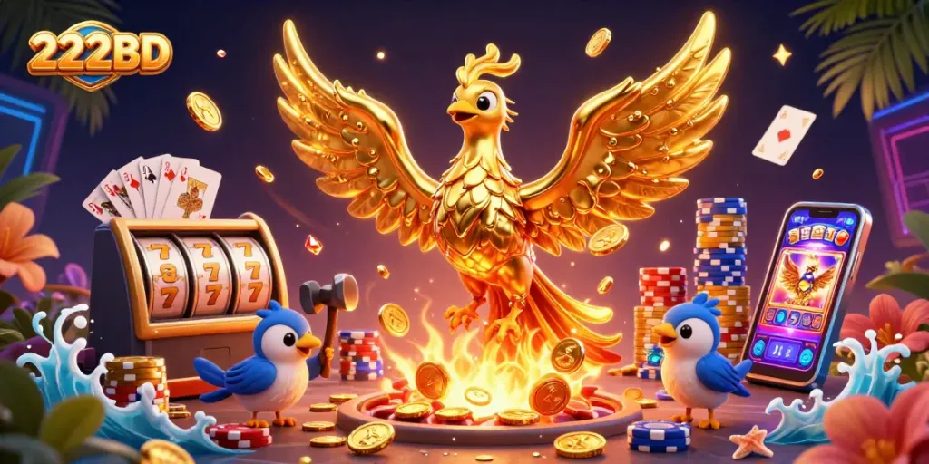 Engage in thrilling gameplay at 222BD with a vibrant 3D illustration showcasing dynamic casino elements.