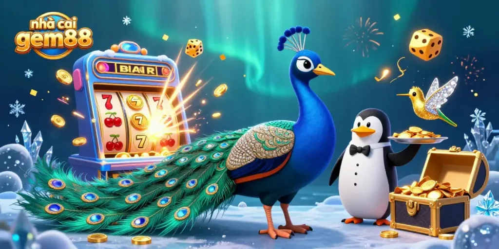 Win big at nhà cái gem88 with this vibrant casino scene featuring colorful slot machines and clever characters.