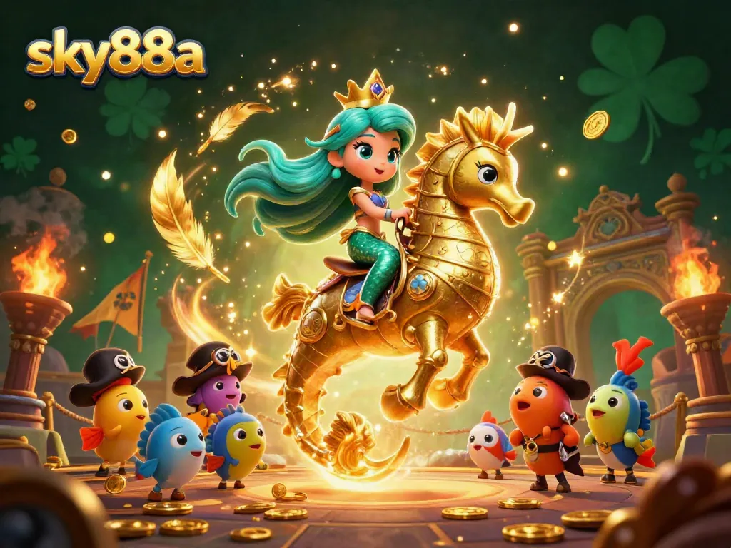 Experience thrilling gaming at sky88a with a vibrant 3D casino scene featuring lively characters and classic gambling elements.