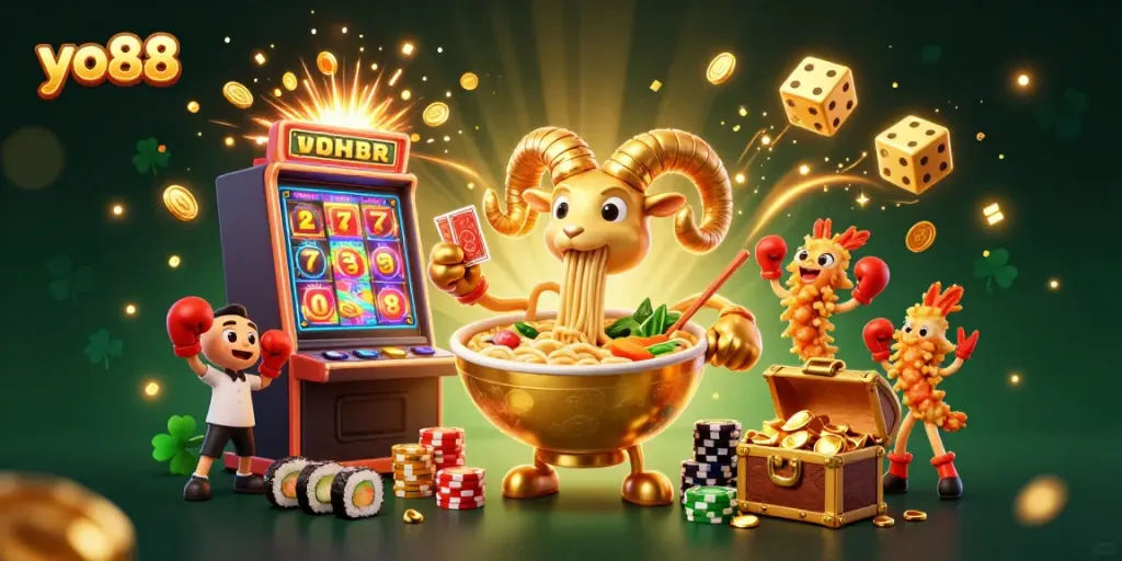 Experience thrilling casino action with yo88's vibrant characters and jackpot features in this lively digital illustration.