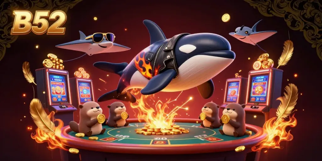 B52 casino scene with dynamic characters like an orca and sea otters, showcasing excitement in online gaming.