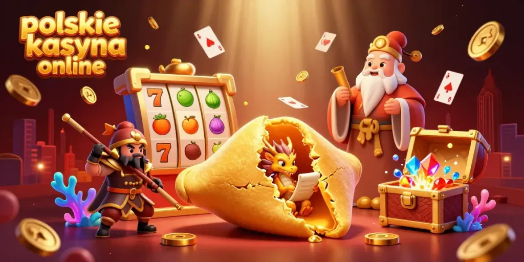 Experience exciting gaming at polskie kasyna online with a dynamic casino scene featuring a playful golden cookie, a wise dragon, and floating slot elements.