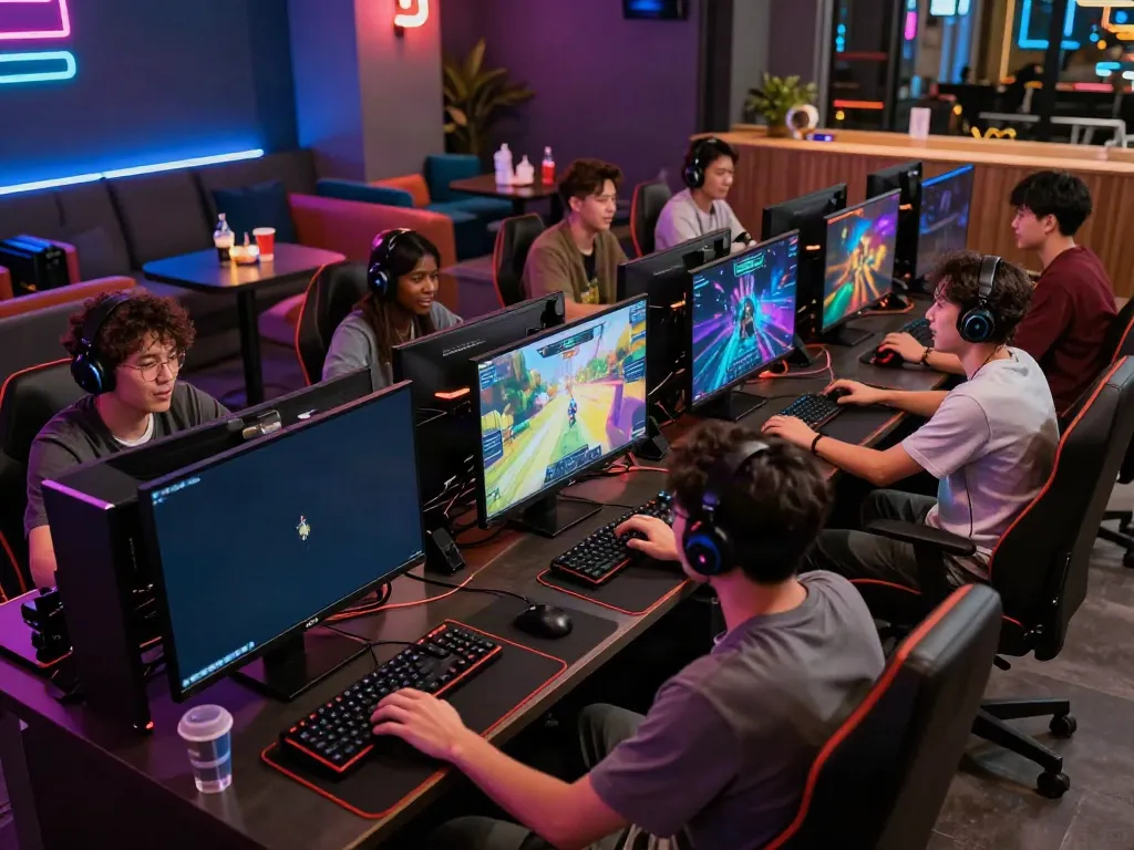 Mantul88 login at a vibrant gaming lounge with excited players at high-tech stations.