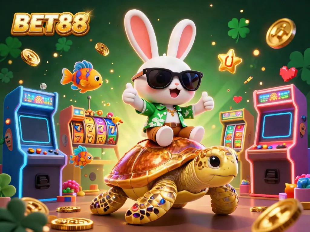 Experience gaming excitement with BET88, featuring a lucky rabbit, golden turtle, and vibrant slot reels.