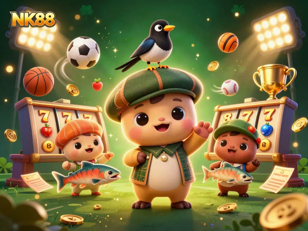 Spin and win big with NK88 as cute Nessie and friends play amidst slot reels and sparkling coins!