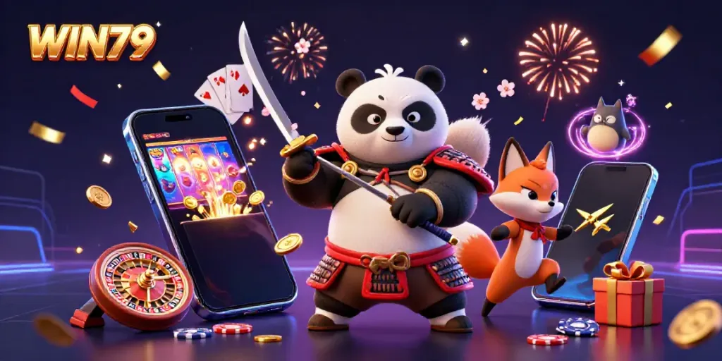 WIN79 features an epic gaming scene with a samurai panda, ninja fox, and tanuki amid vibrant casino elements.