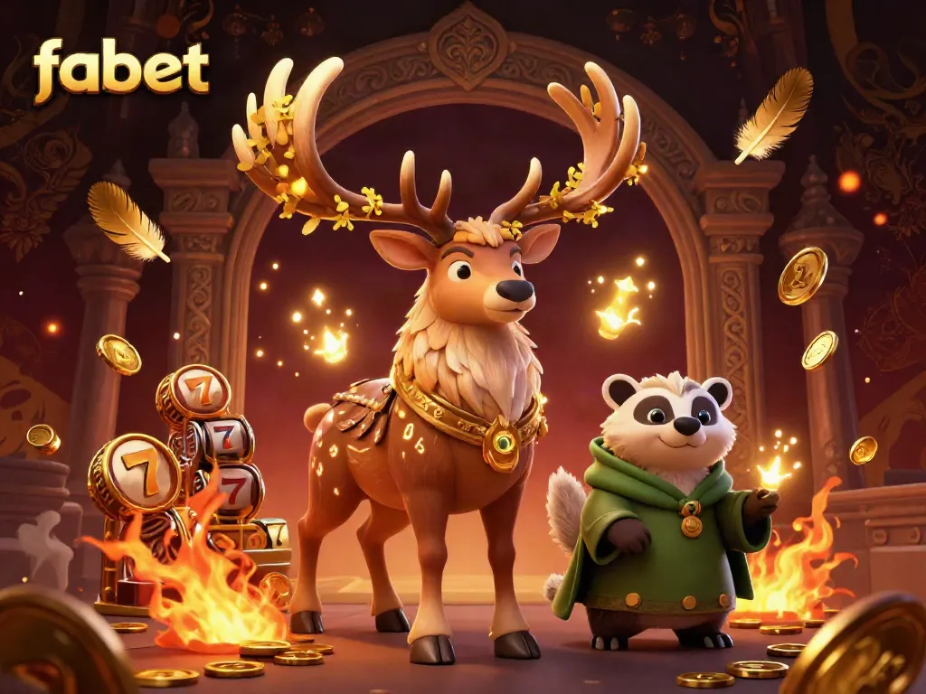 Engage in fabulous gaming experiences at fabet with a detailed illustration of a mystical druid and badger amid slot reels and coins.