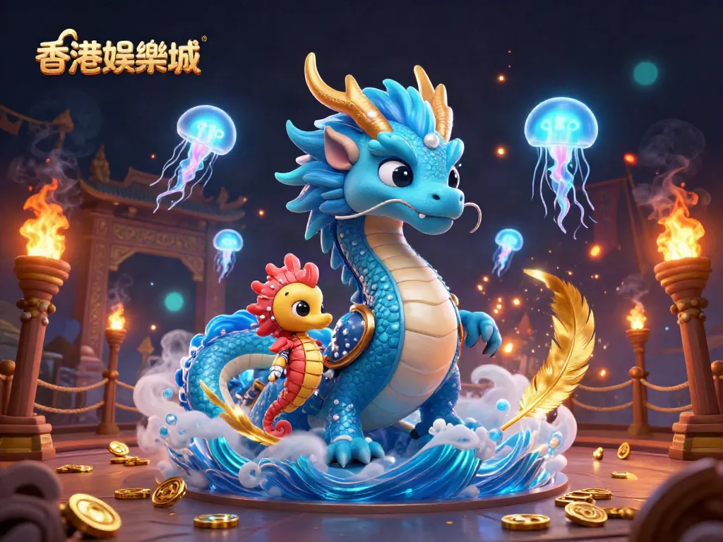 Experience the vibrant world of 香港娛樂城, featuring an azure water dragon and glowing jellyfish in a dynamic casino scene.